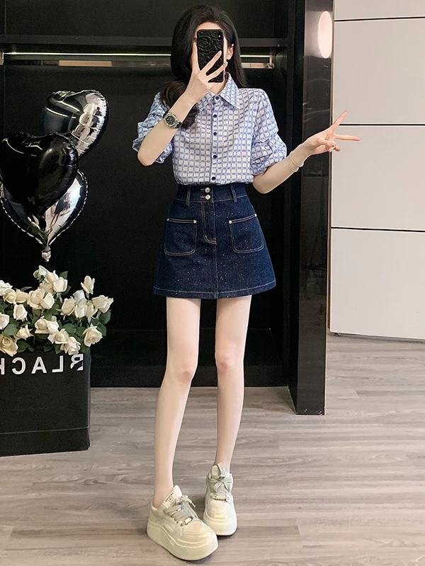

Blue Bubble Sleeve Shirt And Denim Skirt Two-Piece Set Women's Fashionable Hong Kong Style Casual Sportswear Cotton Blend