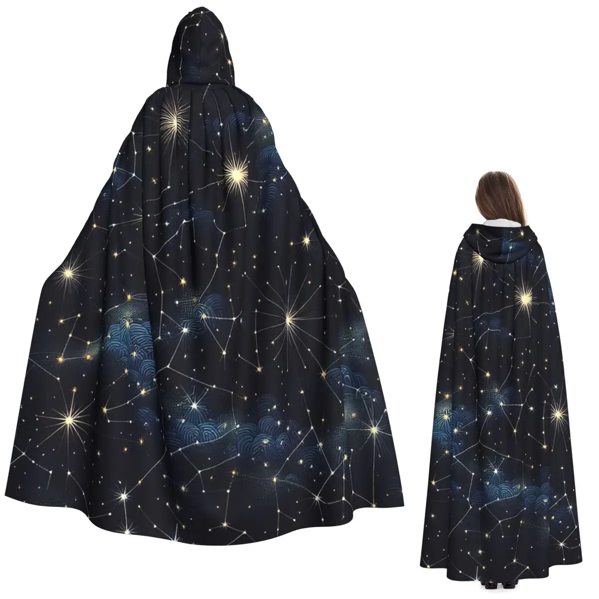 

Ночное небо, золотые небесные звезды, зодиакальные созвездия, длинный плащ с капюшоном, ведьма, средневековый костюм, накидка для косплея, Хэллоуин, вампир