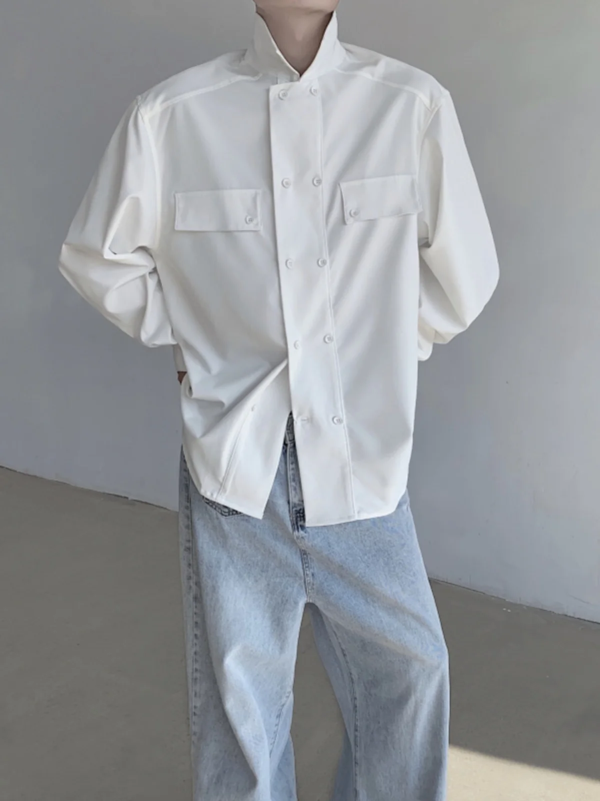 

Loose Fit Double Breasted White irt Men's Long Sve High Design Sensation Old Money Sle Versatile Outerwear Polyester F...