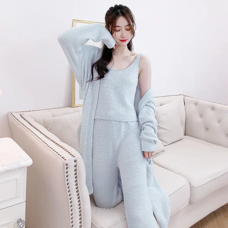 New 3 Pieces Pajamas Set Sleepwear Women Autumn Winter Velvety Plush Thick Loungewear Chinese Characters Student Warm Homewear