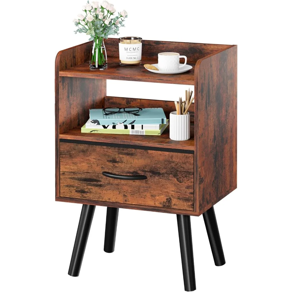 

Night Stand with Fabric Drawer, Modern Nightstand, Bedside Tables, Mid Century Nightstands with Open Storage Shelf