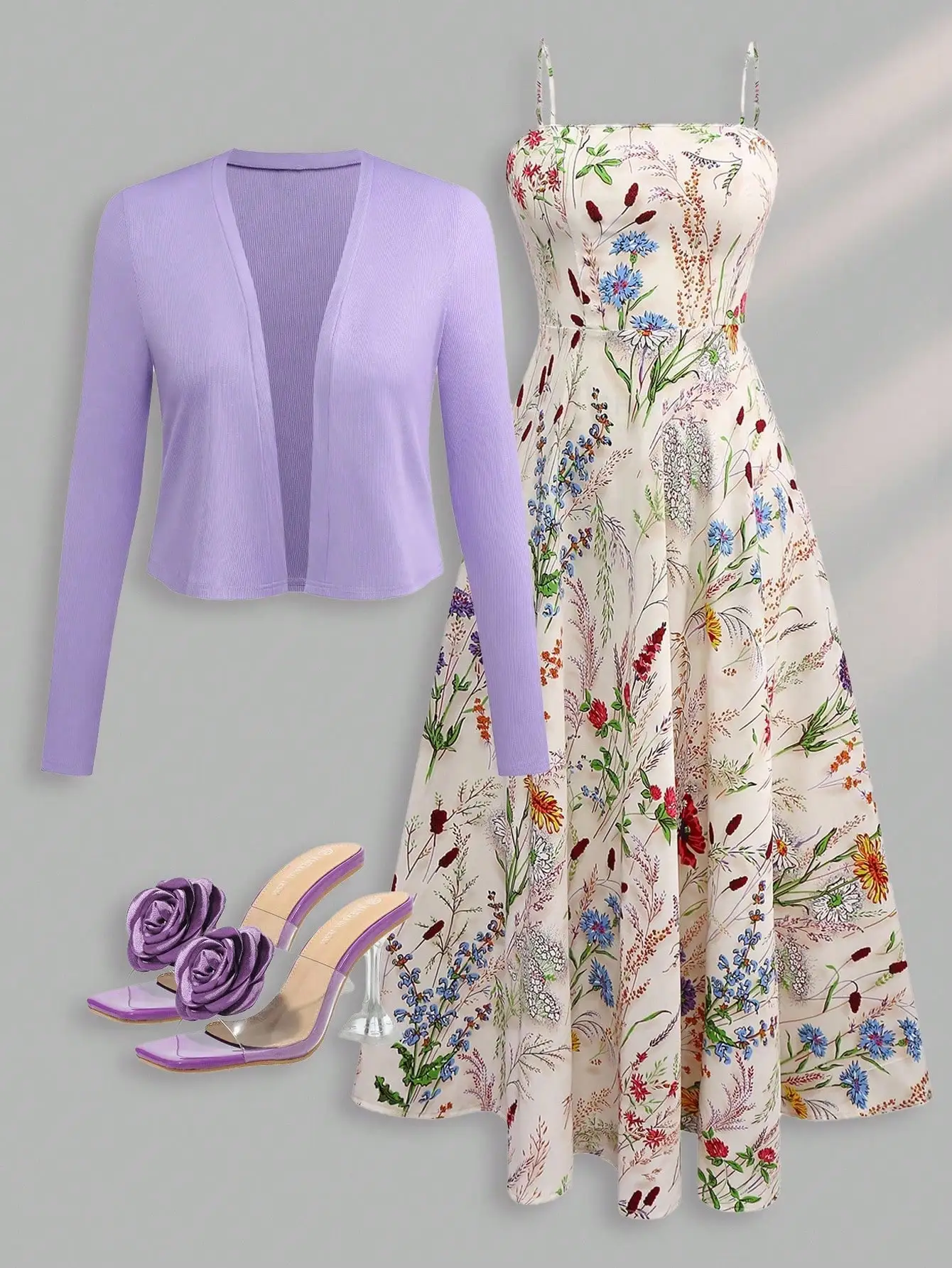 

Элегантный комплект для женщин: платье-комбинация с цветочным принтом и однотонный кардиган