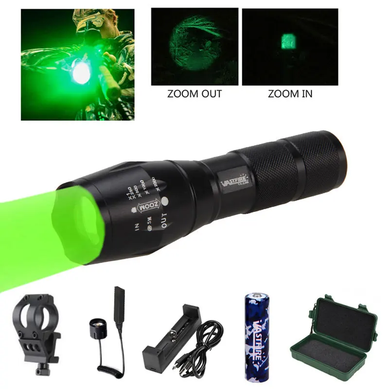 

A100 Zoomable Hunting Flashlight Tactical 1000 Lumen Green/Red White Led 350 yard Coyote Hog Predator Weapon Gun Torch