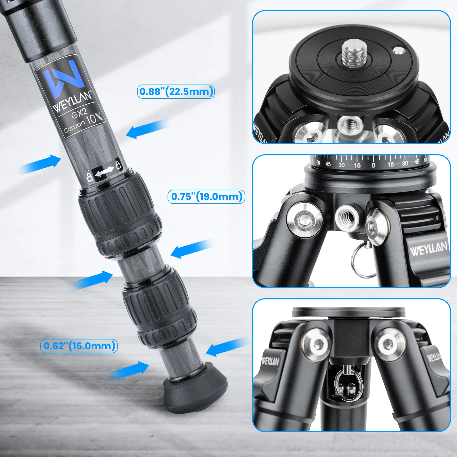 حامل ثلاثي كاميرا صغير من ألياف الكربون من WEYLLAN محمول خفيف الوزن على سطح الطاولة GX2 حامل ثلاثي للسفر لكاميرا DSLR أقصى تحميل 10 كجم