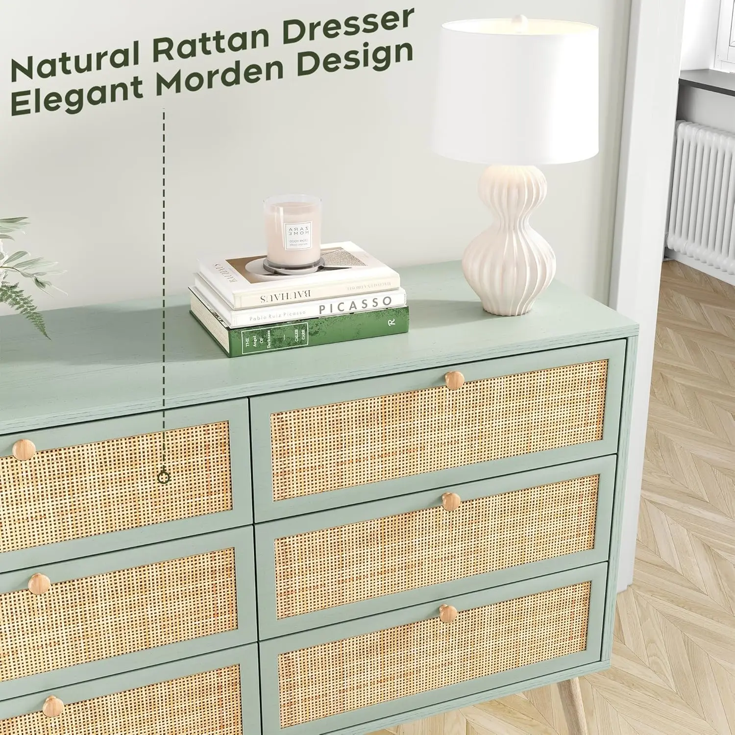 Meados do século cômoda moderna, Mão-tecido Natural Rattan, Vintage verde Boho Duplo Dresser com pernas de madeira, Madeira Sto, 6 gavetas