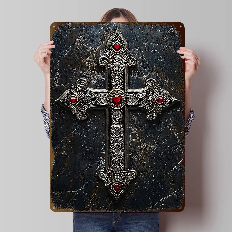 Verziertes Silbernes Kreuz Bedrucktes Poster Individualisierte Wandkunst Retro Vintage Metallschilder für Schreibtisch-Dekor Zimmer Haus Heim-Dekoration