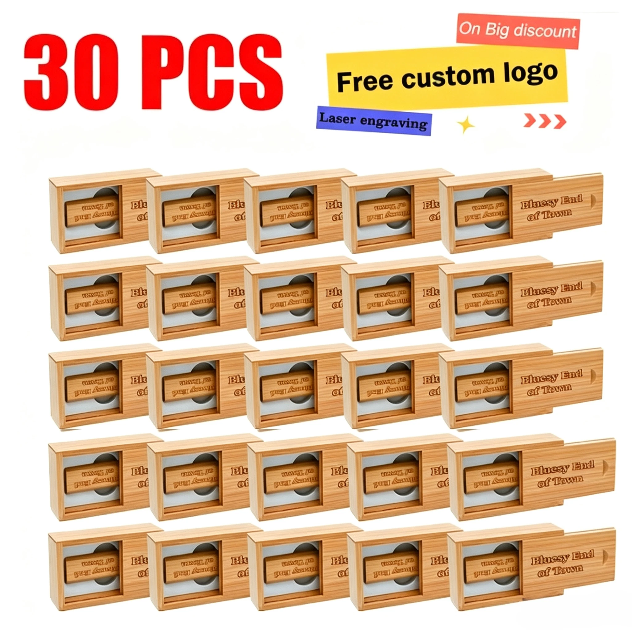 30pcs/lot Wooden USB Flash Drive Pen Drive 4GB 8GB 16G 128G Wedding Gift Memory Stick Box U Disk Free Custom LOGO Pen Drive 64gb