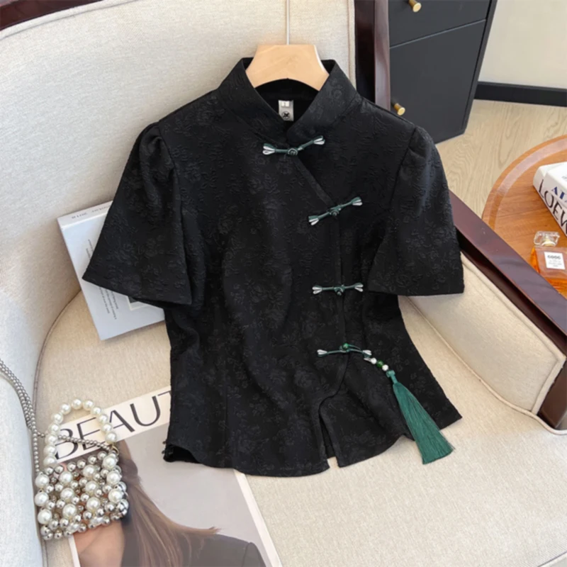 

Новая женская летняя блузка в китайском ретро-стиле с пуговицами, короткими рукавами-фонариками и воротником-стойкой, универсальная, стройнящая, для онлайн-продаж.