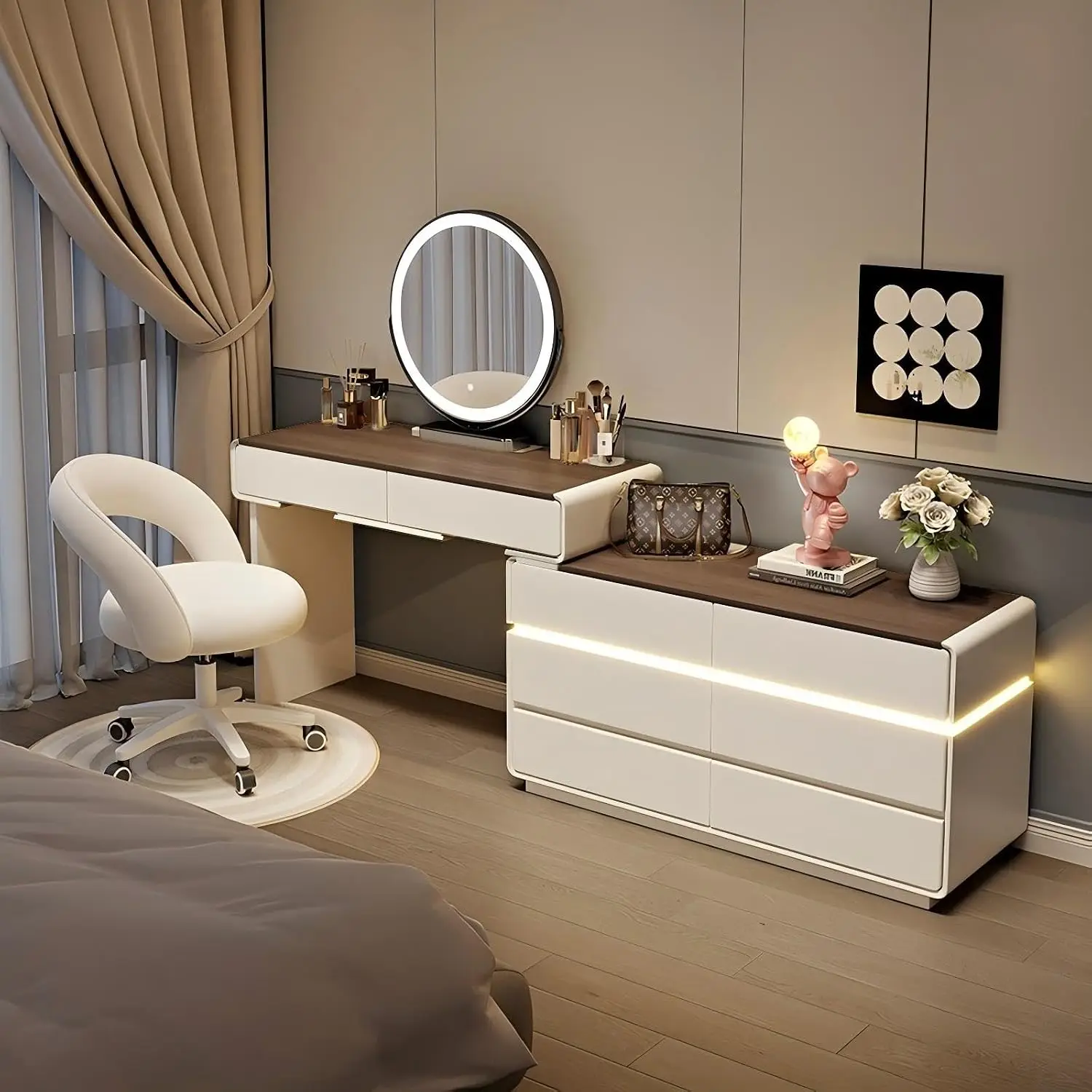 Vanity Table Set, Solid Wood Vanities with Smart LED Round Mirror, Wooden Desktop and Makeup Chair, Modern Vanity Desk with Expa