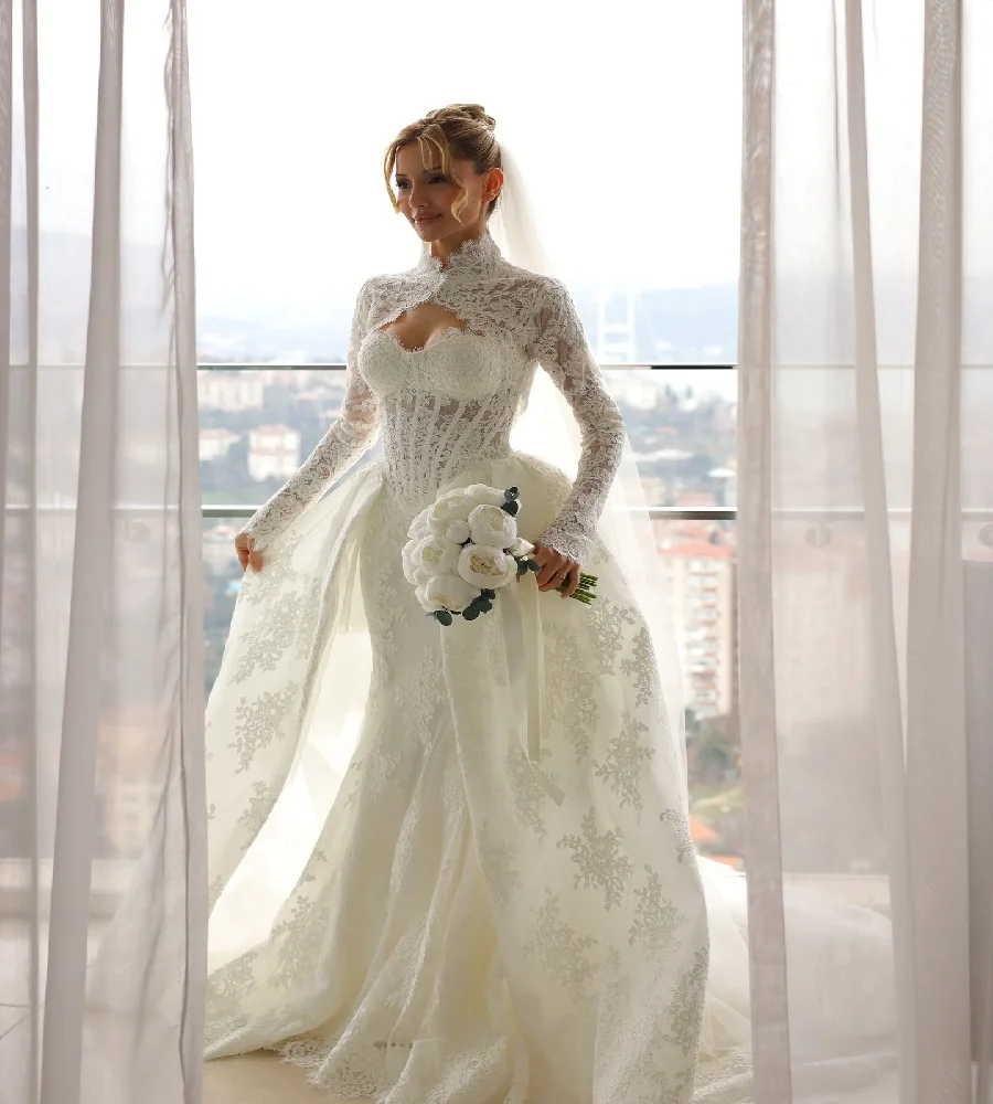 

Гламурное свадебное платье русалки с верхней юбкой и шлейфом, кружевное церковное свадебное платье с длинными рукавами, элегантное арабское платье невесты по индивидуальному заказу