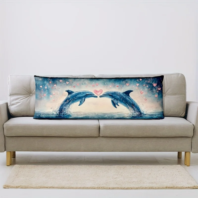1pc Short Plush Long Waist Throw Pillow Case Double-Sided Printed 2pcs Dolphins Forming Pillow Shape for Farmhouse Indoor Outdoo