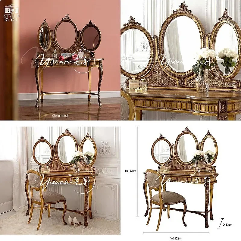 BJ French Vintage Solid Wood Dressing Table European Carved Rustic Rattan Mirror Luxury Princess Vanity Desk