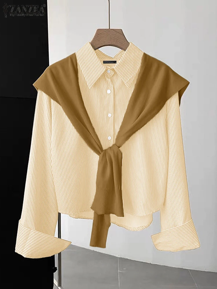 

ZANZEA женские рубашки с длинными рукавами, модные топы из двух предметов, осень 202, полосатая блузка, лоскутная повседневная элегантная офисная блузка