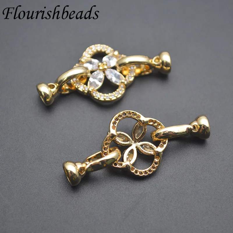 18K Gold Plated Connectors Clasps Fasteners Paved CZ Flower Shape Hooks for DIY Needlework Pearl Necklace