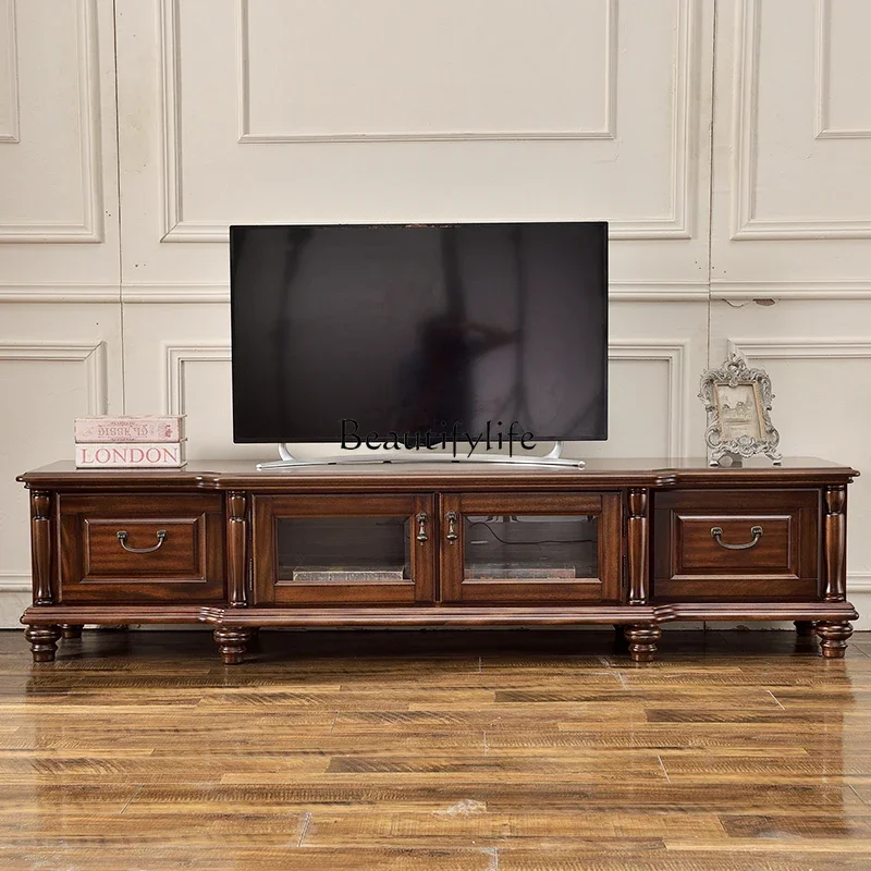 

01All solid wood TV cabinet, black walnut TV cabinet 2 meters small apartment living room