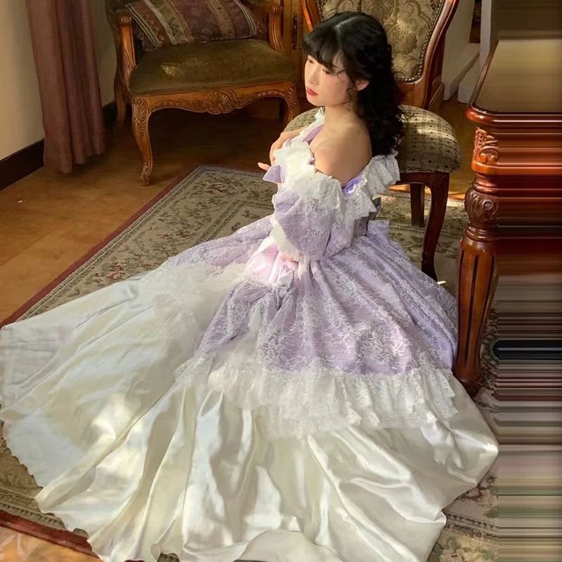 AnXin SH vintage princess purple ruffles flower lace white satin boat neck puff sleeve big bow Antique customized wedding dress