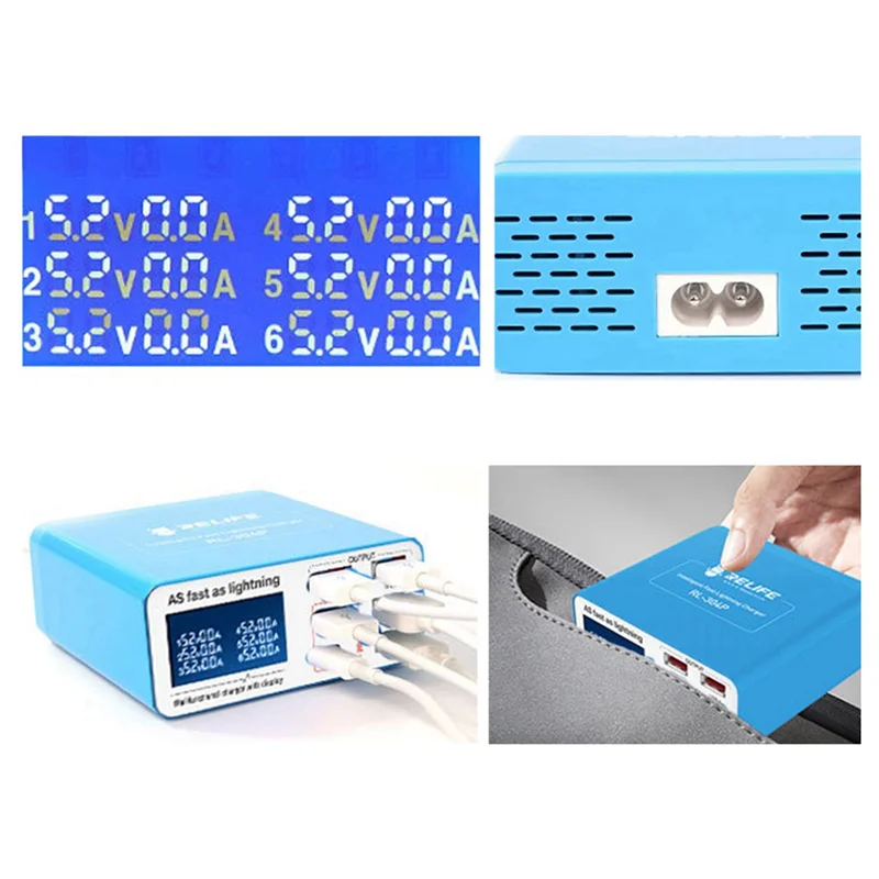 A34M-RELIFE RL-304P الذكية 6-Port USB شاشة ديجيتال البرق نمط شاحن PD3.0 + QC3.0 لجميع الهواتف المحمولة الولايات المتحدة التوصيل