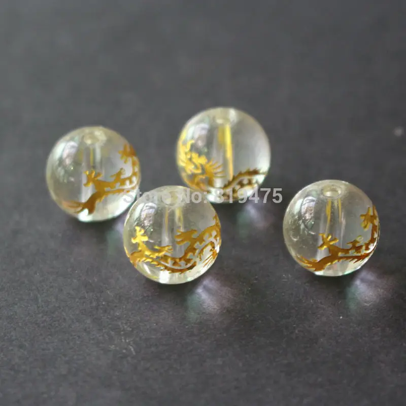 10Pcs 8mm 10mm 12mm Glass Beads Clear Color with Carving Gold Dragon  Fashion Bead For Jewelry Wholesale and Retail DIY Supplies