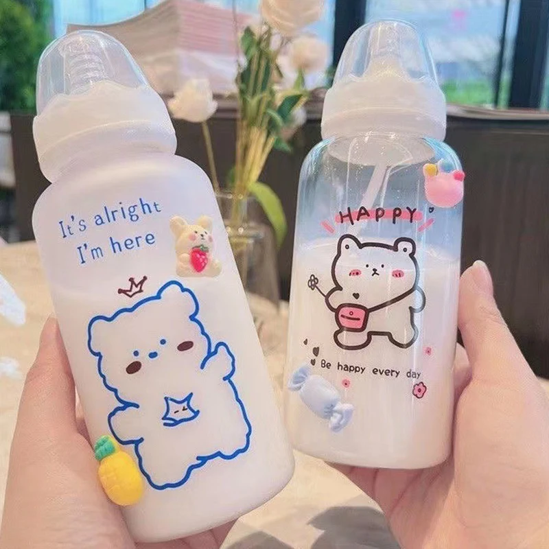 400ml Kawaii Plastic Strawberry Bear Water Bottle For Kids Adult Milk Juice Straw Cup Frosted Leakproof Drinking Bottles