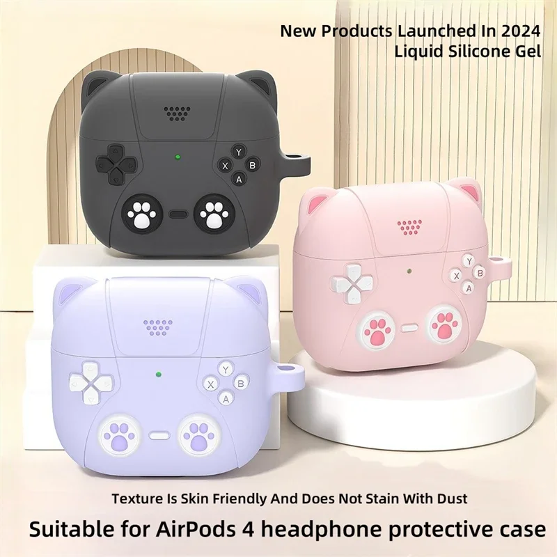 

Suitable For Airpods 4 Cute Cat Appearance Protective Case Silicone Earphone Protective Soft Shell Washable Anti Fall Safeguards