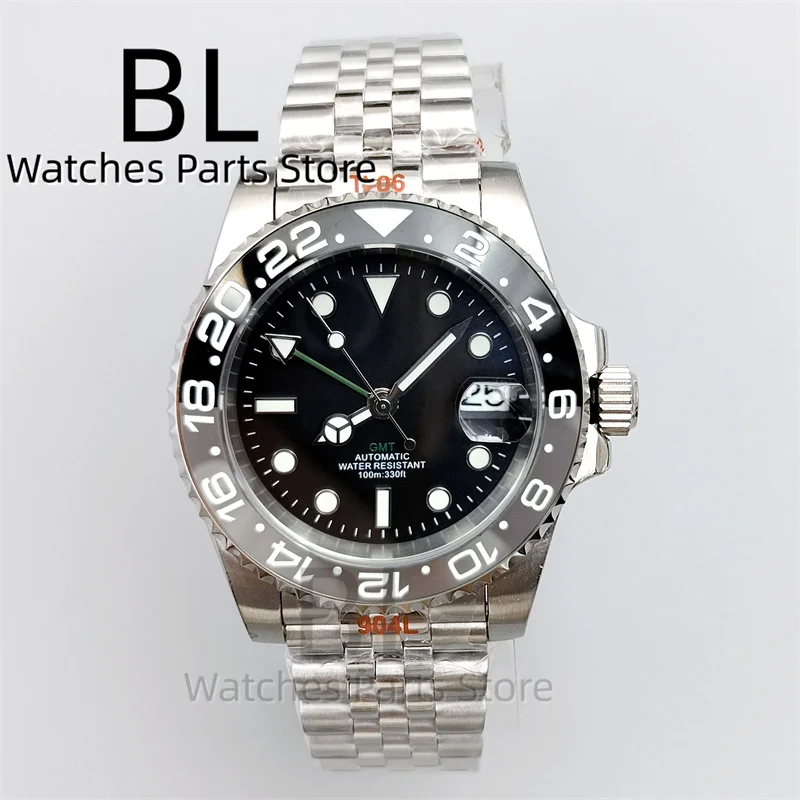 

BLIGER 40mm NH34 GMT Watch For Men With Black Gray Ceramic Bezel Sapphire Glass Green Gmt Hands Green GMT Text Jubilee Bracelet