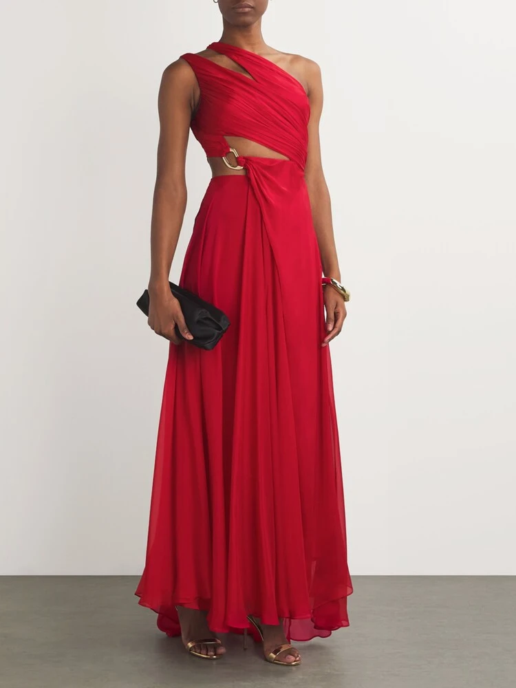 Abito lungo sexy con taglio monospalla da donna – Abito rosso diviso con dettaglio anello dorato – Elegante abito da sera
