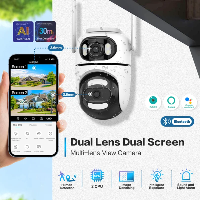 Icsee 4MP Dual Lens Indoor Security IP Camera, 360° Remote Access, WiFi PTZ, WiFi PTZ, Night Vision, WiFi PTZ Hidden Spy CCTV