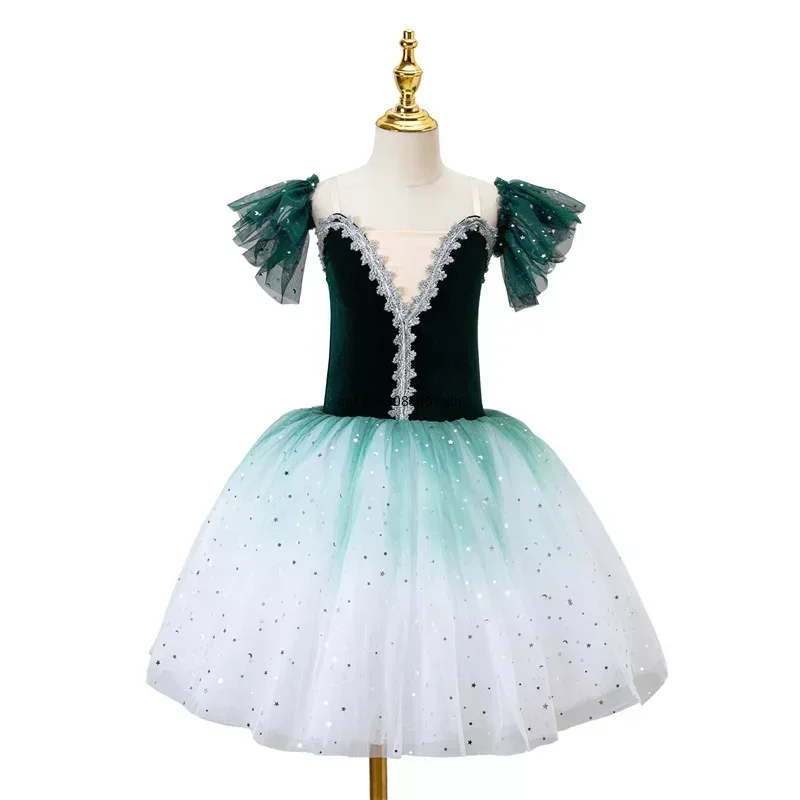 Saias de balé verde para meninas, tutus longos de tule, vestido de festa bailarina, traje infantil, tutu romântico