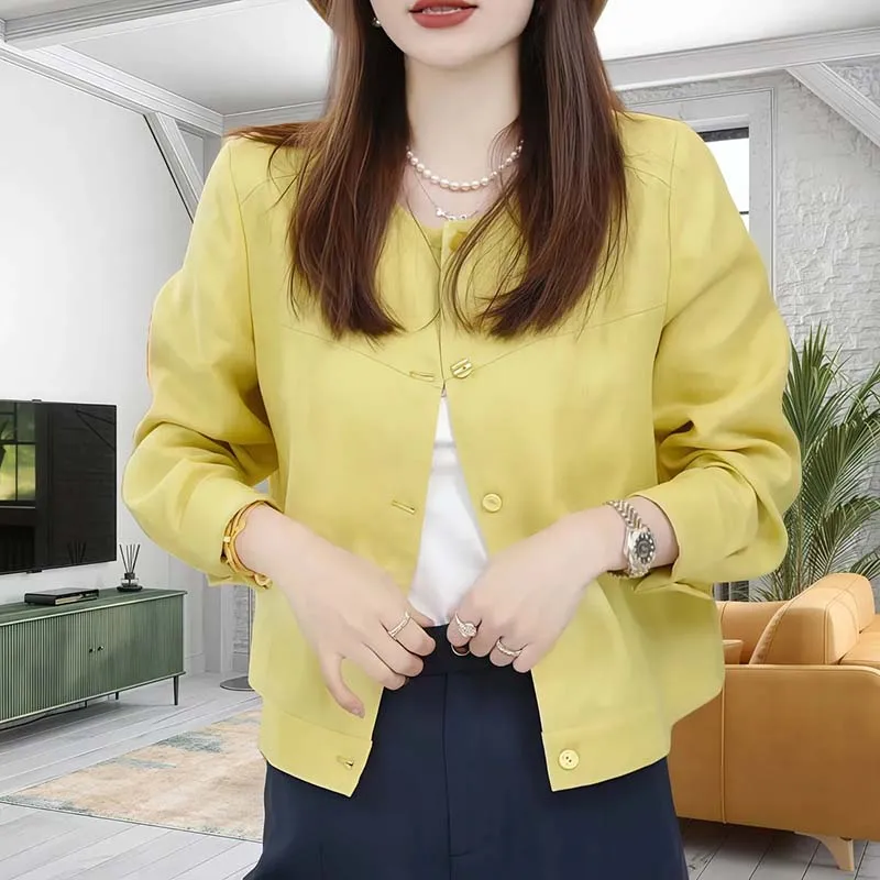 

2026 New Spring Autumn Women Jacket Single-breasted Slim O Neck Collar Long Sleeve Short Coat Outerwear Lady Clothing