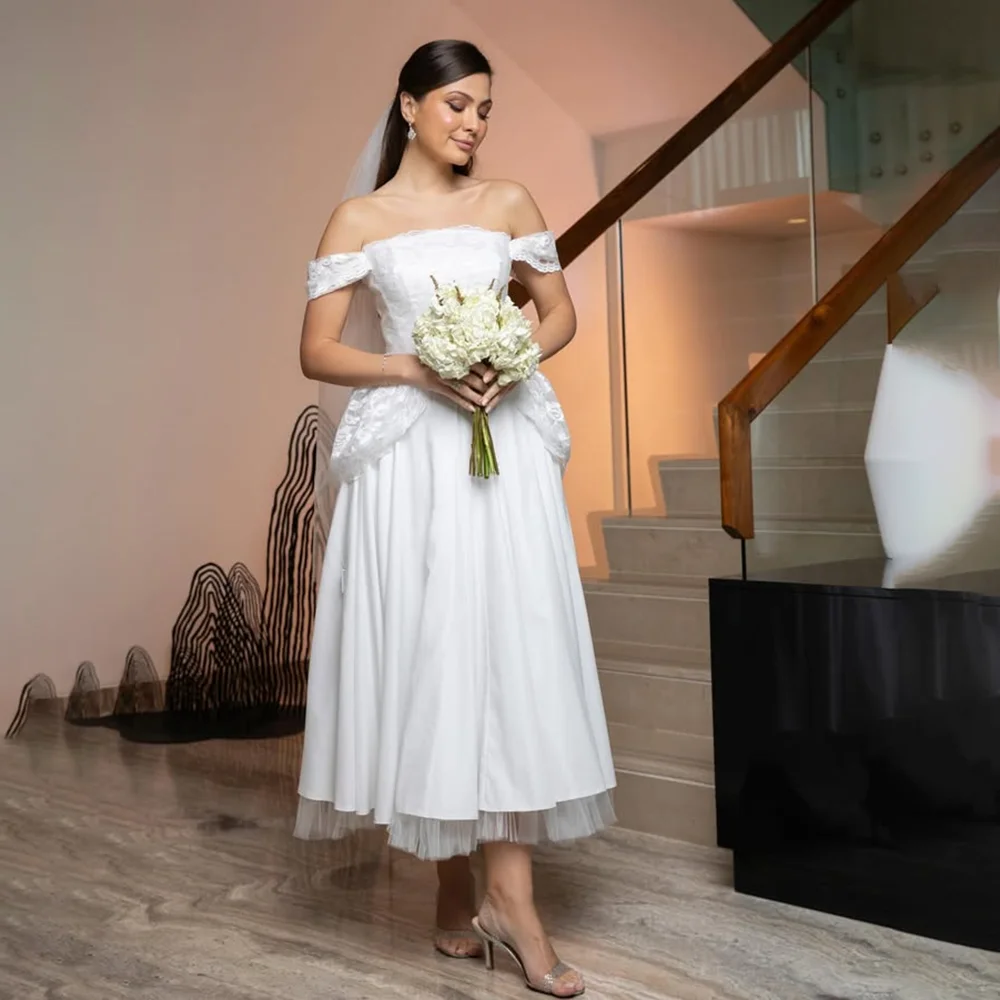 

Elegant Wedding Dress Off The Shoulder Lace Applique A Line Tea-Length Bridal Dress Lace-up Back Summer Wedding Gowns Customized