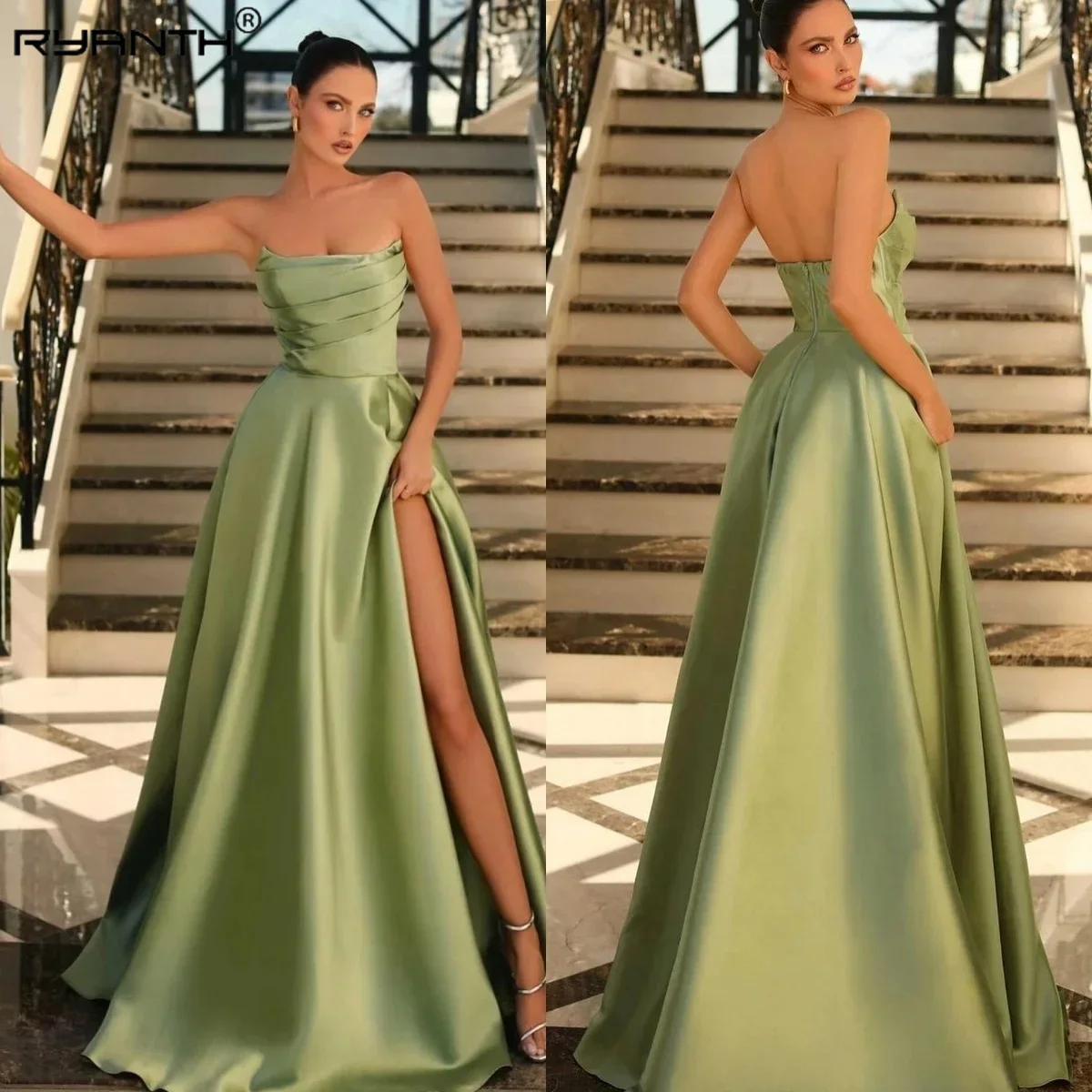 Customized Stain Strapless High Side Slit Mint Wedding Party Vestidos A Line Long Evening Dress Prom Dresses Gown Celebrity Robe