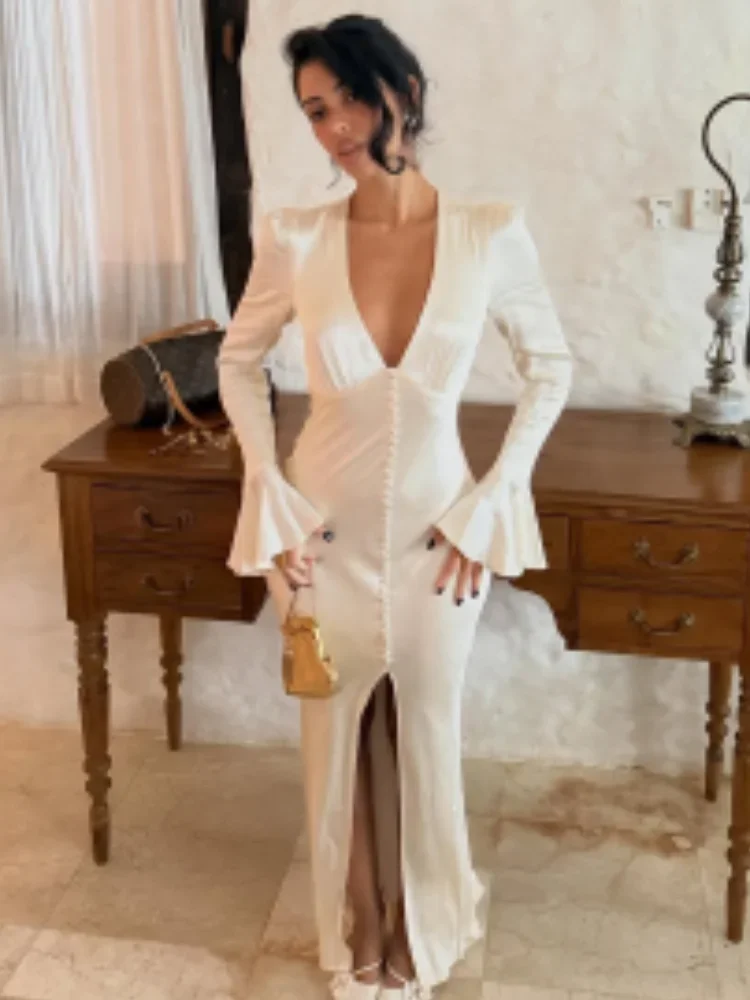 

Модное элегантное женское вечернее платье с бисером, белое, приталенное, с V-образным вырезом, длинными рукавами, облегающее, 2026, для свадебной вечеринки, миди-платье