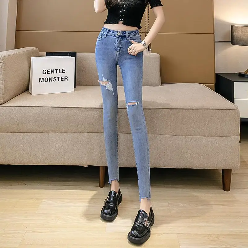 Invisible Open-Seat Pants Ripped Jeans Women's High Waist Blue Cropped Trousers Tight Stretch Feet Pants Outdoor Sex Convenient