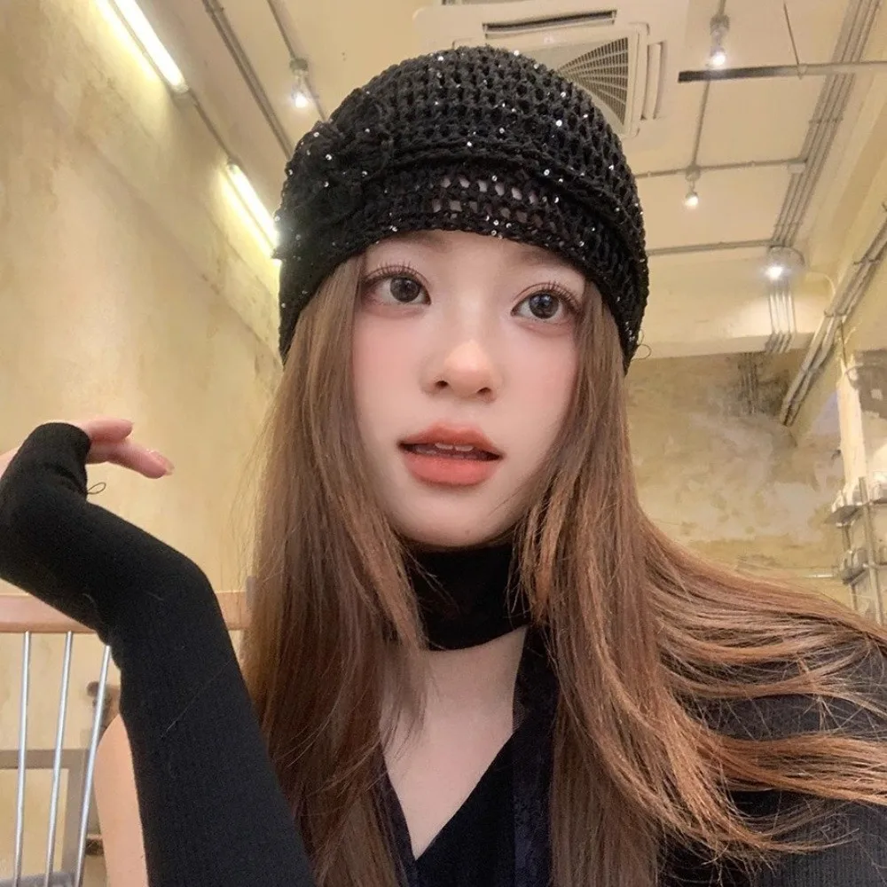 

Casual Hand-woven Flower Knitted Caps Y2k Versatile Sequin Crochet Hat Thin Hollow Beanies Cap Streetwear
