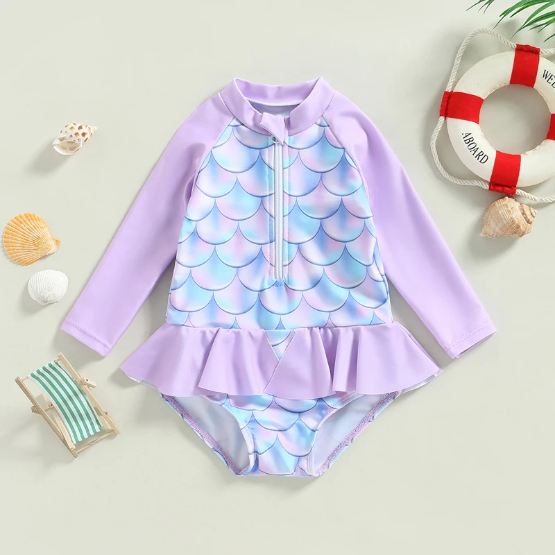 

Kids Girls Jumpsuit Swimsuit Fish Scale Print Long Sleeve O Neck Half Zipper Ruffle Bathing Suit Rash Guard Swimwear Beachsuit