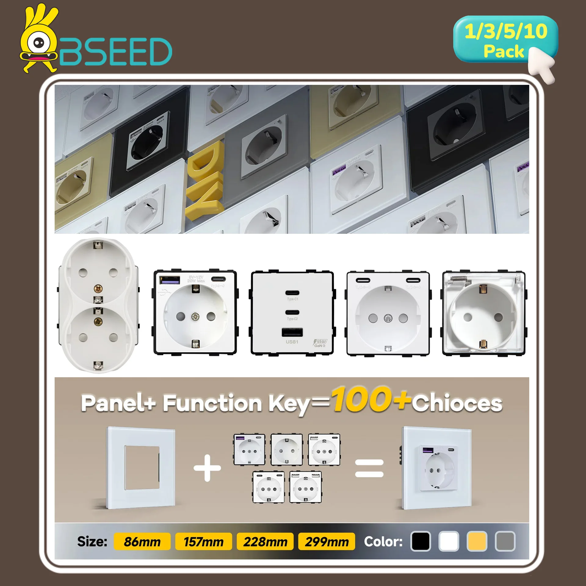 BSEED Wall Socket Modules Type-C Phone Charge Socket Parts Dual USB Socket Insert Free Combination White Part EU Without Frame