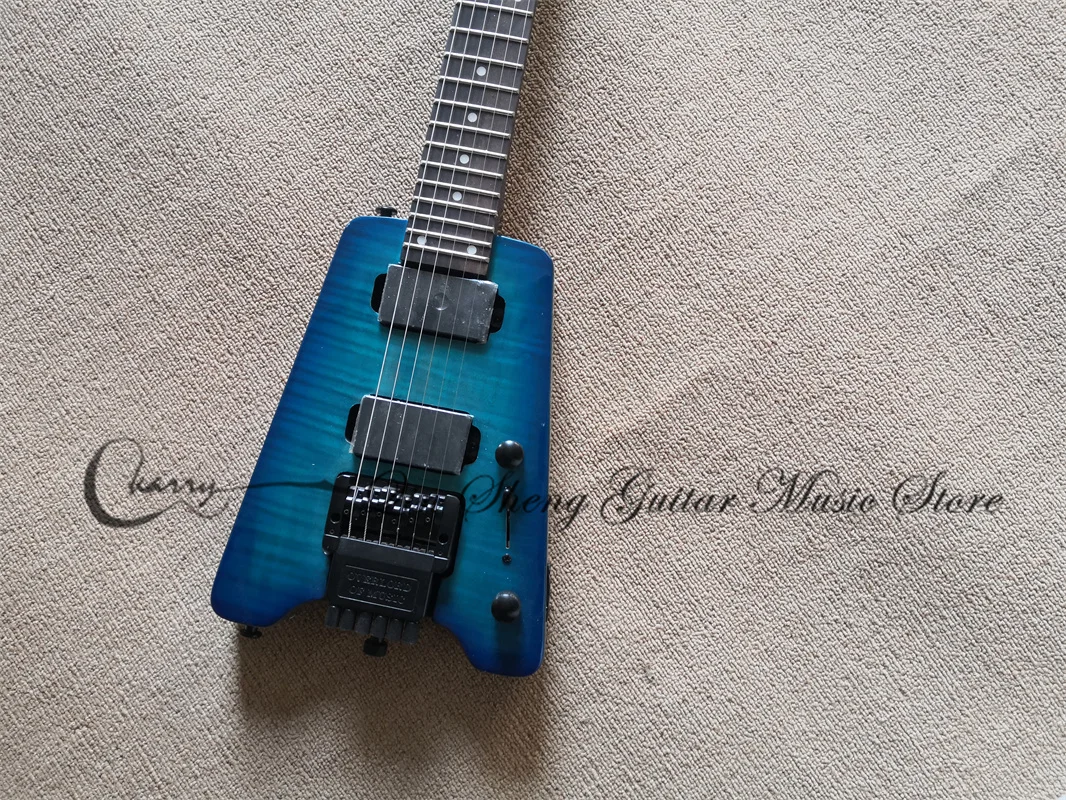 Headless Electric Guitar Stan Metal Blue Guitar Fixed Bridge Maple Neck Mahogany Body Flamed Maple Top HH Pickups