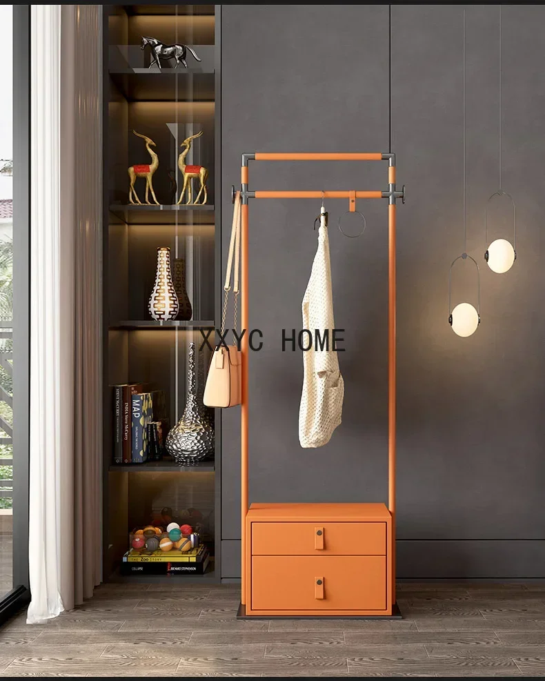 Italian Minimalist Light Luxury Coat Rack Bedroom Floor Stainless Steel Hanger Orange Leather High-End Designer Furniture