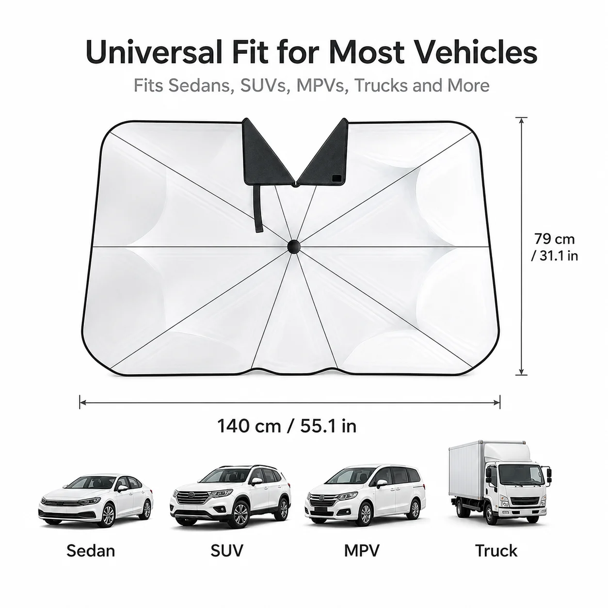 140×79cm Foldable Car Windshield Sunshade Umbrella with V-Shaped Mirror Opening, UV Heat Shield for Sedan SUV Truck
