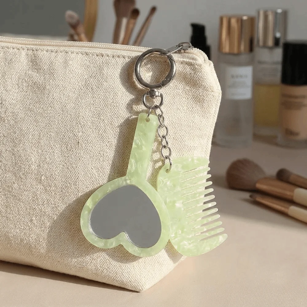 Acetate Material Grooming Keyring Mini Fine Tooth Comb Heart Shaped Mirror Compact Grooming Set Lightweight Slim Structure