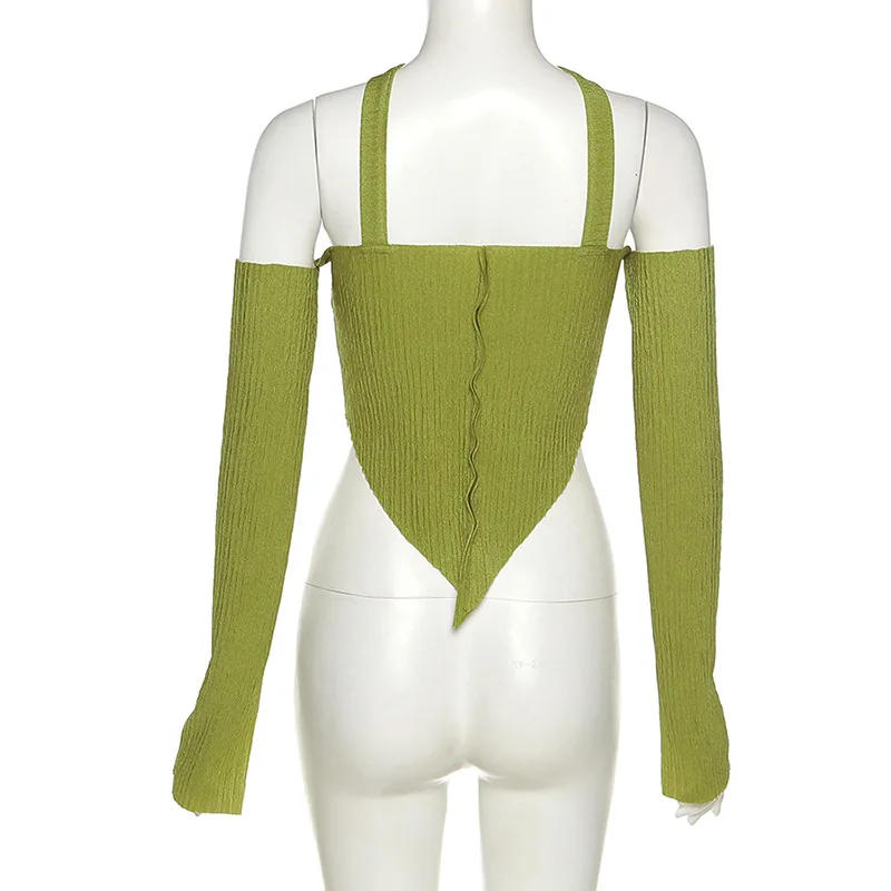 Women Flare Long-sleeved Off-the-shoulder Crops Tops Halter Slash Neck Sexy Slim T-shirts Fashion Backless Chest Wrap Tops Tees