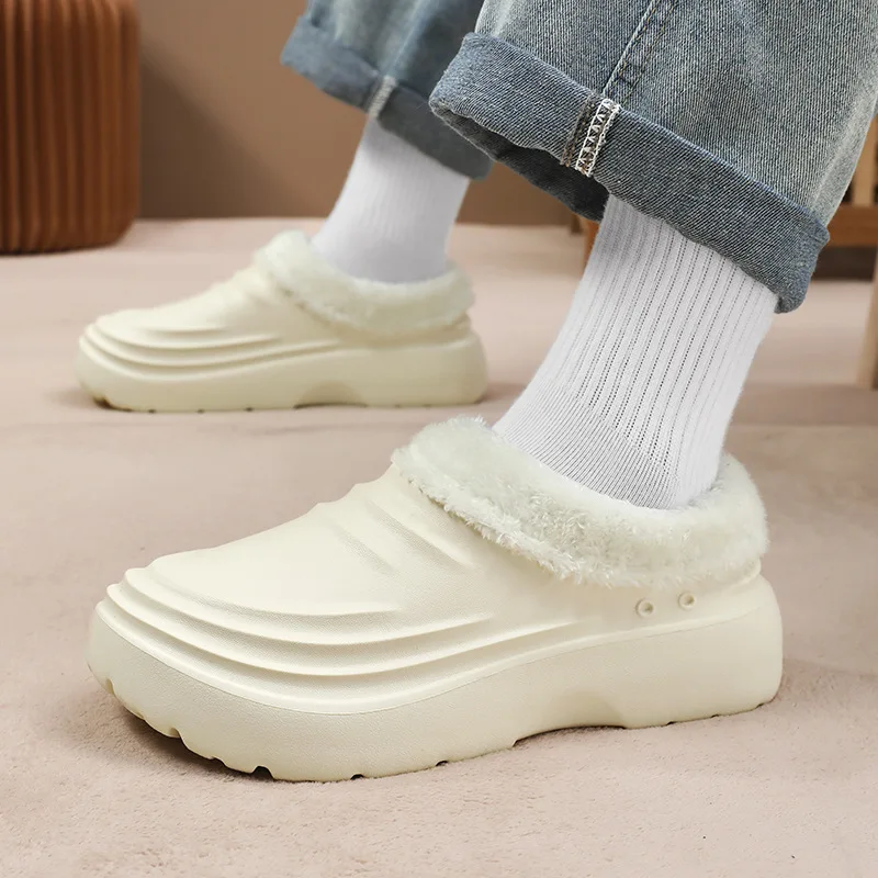 2024 Winter Men Warm Kitchen Cotton Shoes Non-slip Waterproof Restaurant Working Shoes Eva Chef Couple Black Cotton Slippers