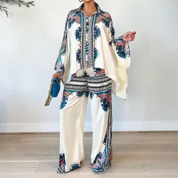 Loose Boho Print Suit For Woman Elegant Irregular Bat Sleeve Top Straight Trousers Two Piece Set 2024 Autumn Fashion Lady New