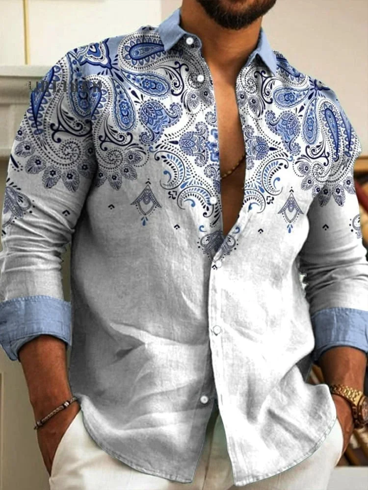 

New style spring and autumn men's linen long-sleeved printed shirt, casual retro fashion express delivery shirt