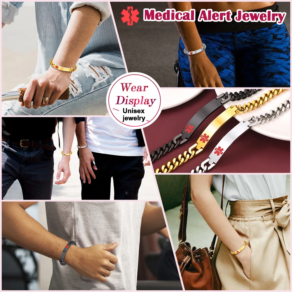 U7 Custom Stainless Steel 17/21 Cm Medical Alert Tag Cuban Chain Bracelets for Men Women Medical Emergency Info Jewelry Gift view 5