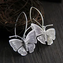 Boucles d'oreilles papillon vintage en argent pour femmes, métal prairie sculpté à la main, grandes boucles d'oreilles pendantes, bijoux