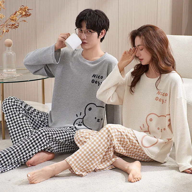 Baju tidur Pasangan Pria Wanita Piyama katun set ukuran besar pakaian tidur musim gugur Set pakaian rumah lengan panjang celana pakaian Kawaii Korea