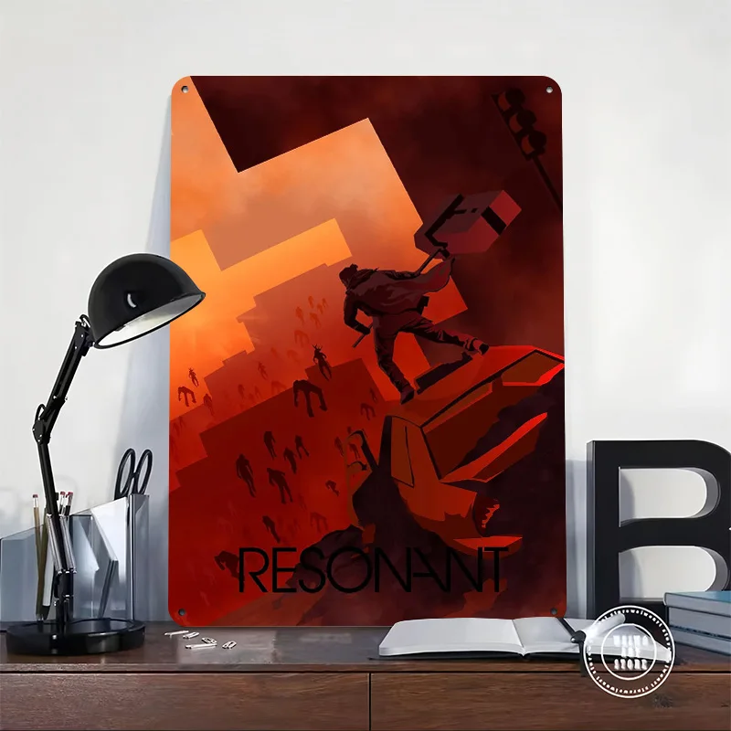 Resonant With Figures and Cityscape 3D Printed Texture Poster Personalized Wall Art Retro Metal Tin Signs for Decoration Gaming