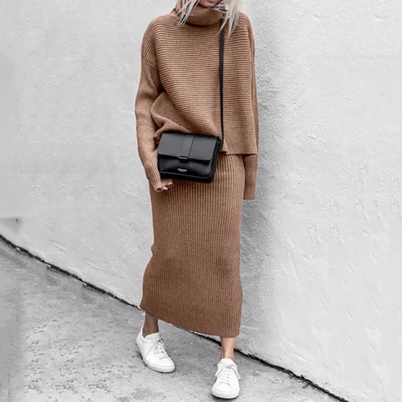 Two Piece Skirt Sets Knit Sweaters Spliced Full Sleeve Turtleneck Long Skirts Suits A Line Matching Set Solid Loose Fit Sports