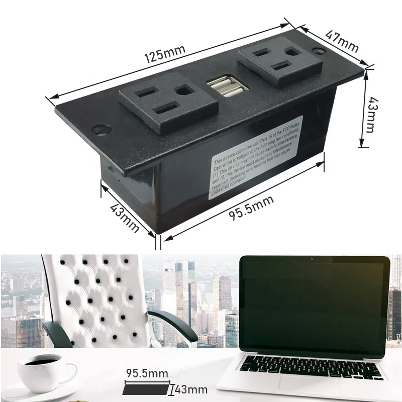 2 USB 2 Outlet Table Desk Surface Mountable Recessed Furniture Cabinet USA extension Power Strip